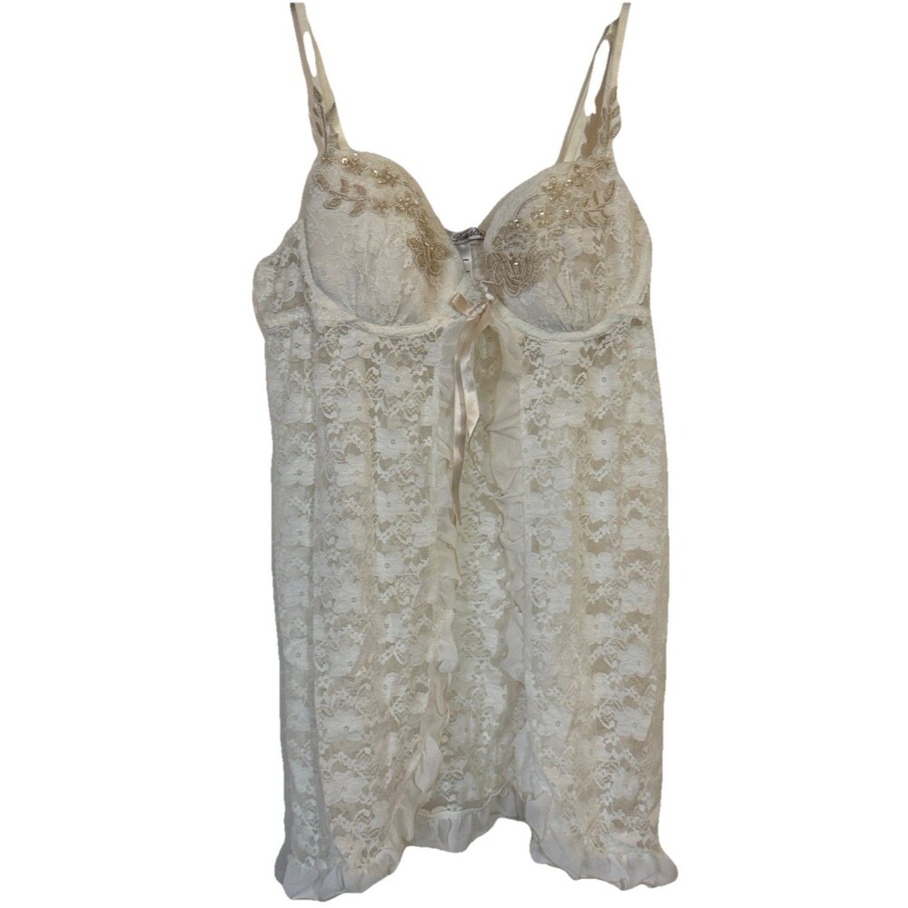 Linea Donatella Embroidered Sequin Lace Babydoll Chiffon Chemise Size Medium